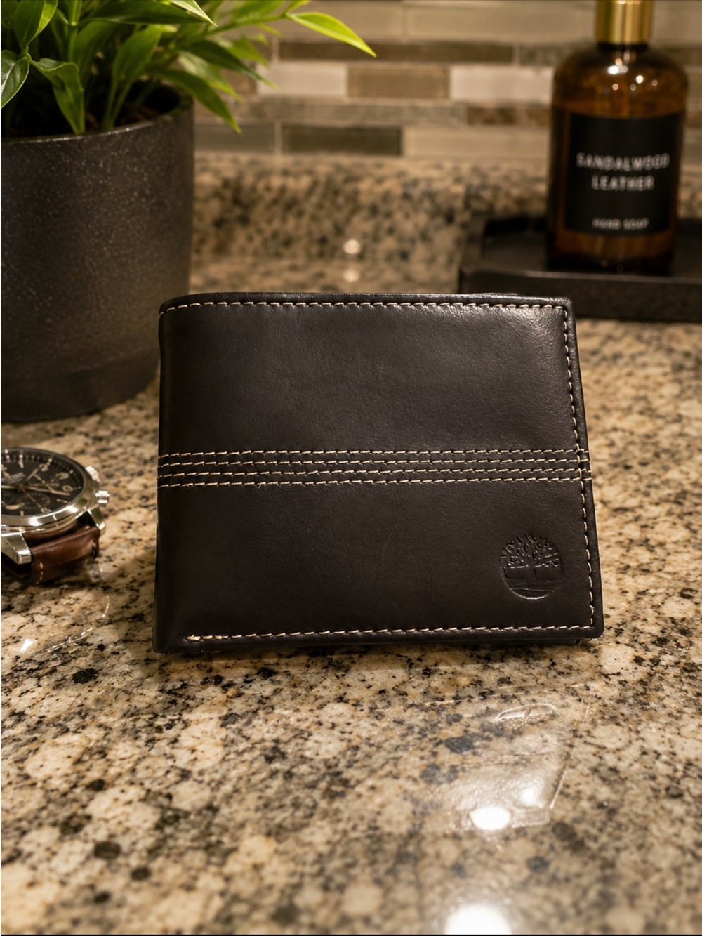Timberland Black Leather Money Clip Wallet with Contrast Stitching
